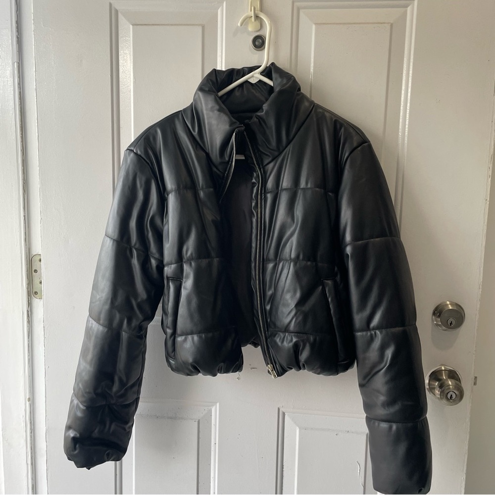 Faux Leather Cropped Bomber Jacket